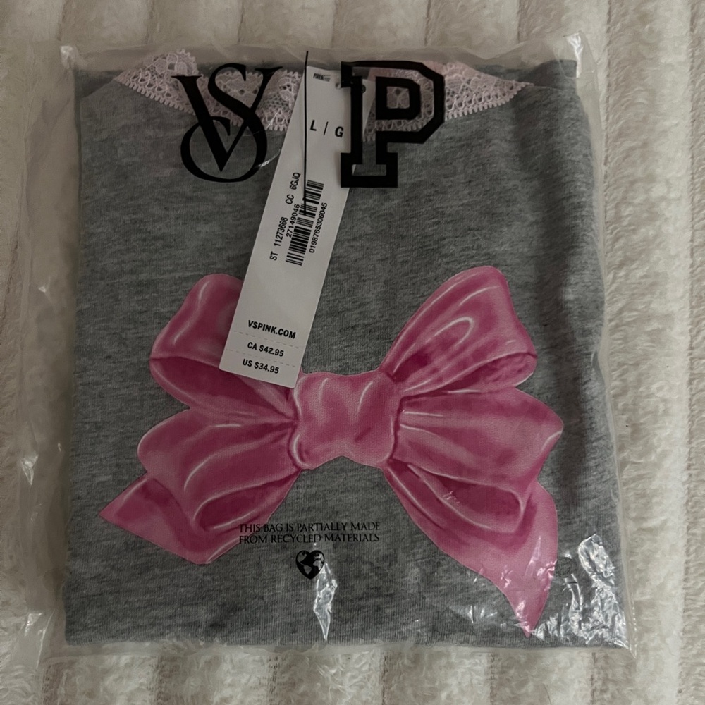 PINK Victoria's Secret Gray Sweatshirt with Glossy Pink Bow Graphic
